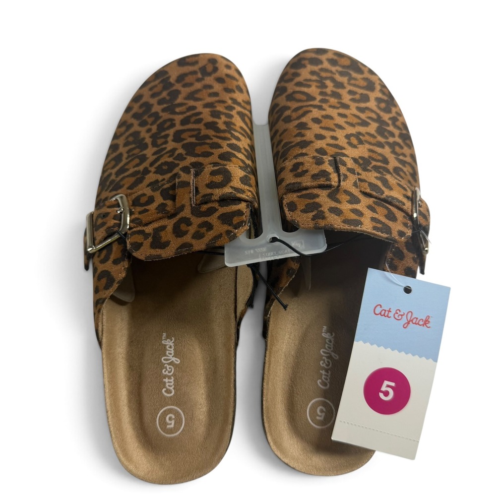 Cat & Jack Tate Leopard Print Clogs Buckle Mules Brown Animal Print Size 5 NEW